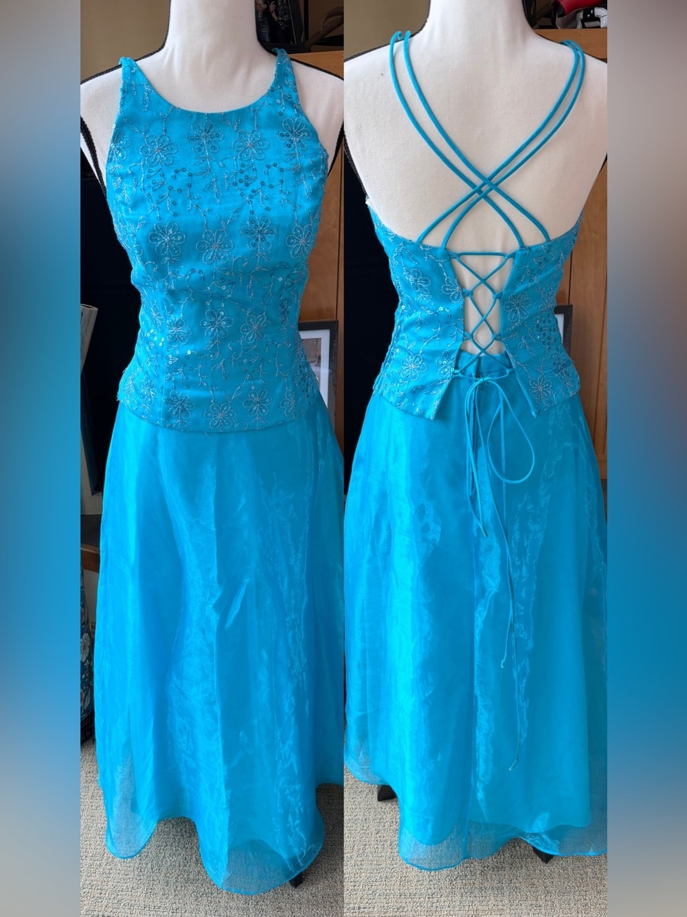 Rare Vintage Y2K Blondie NitesJaslene Blue Beaded Two piece Dress set HOCO